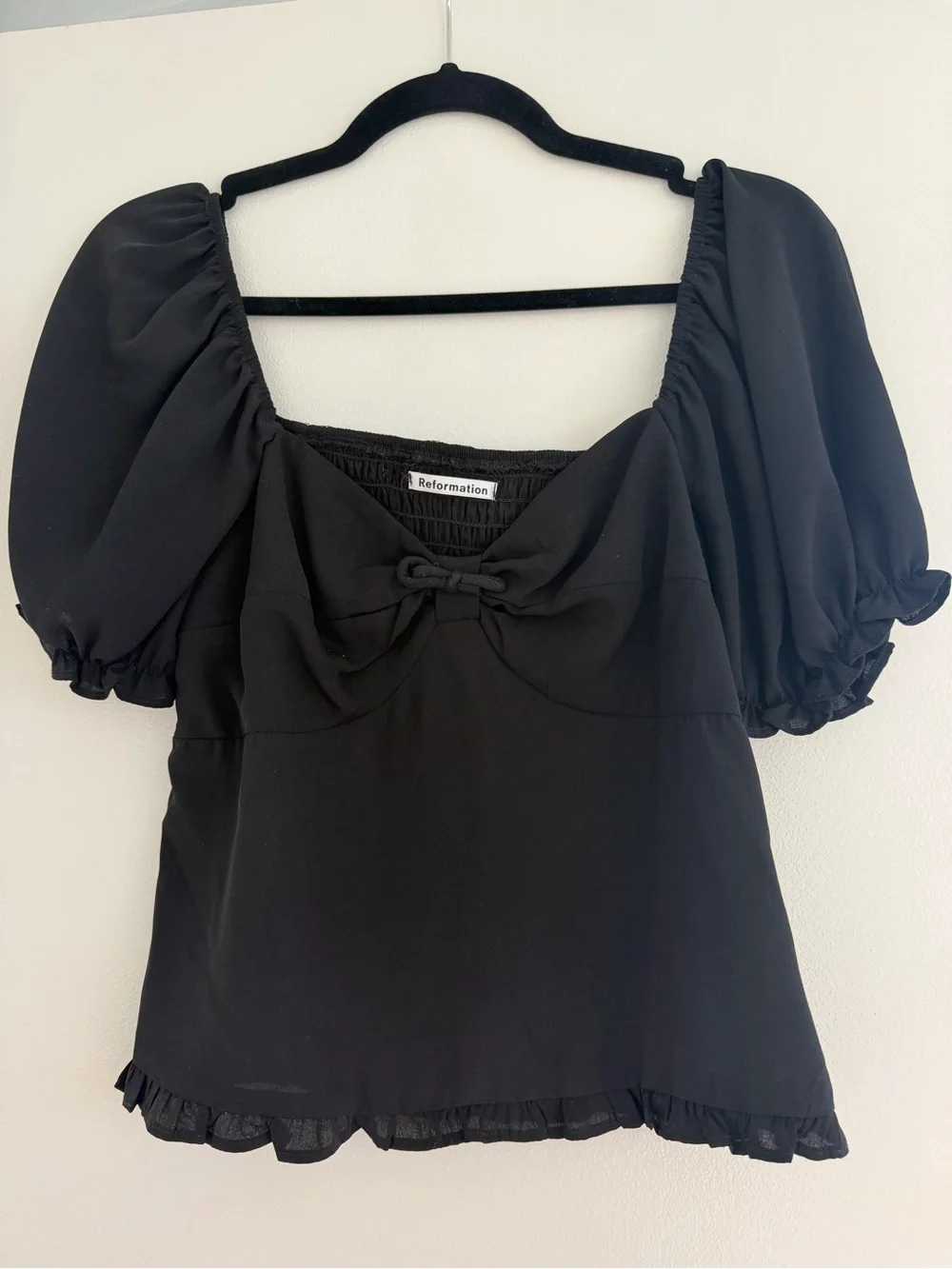 Reformation Black Puff-Sleeve Sweetheart Top